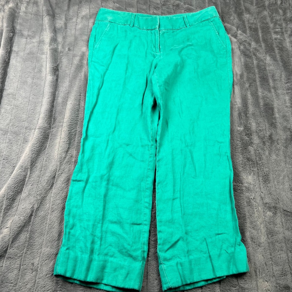 Ann Taylor Loft Marisa Trouser Green 100% Linen Wide Leg Pants Size 12